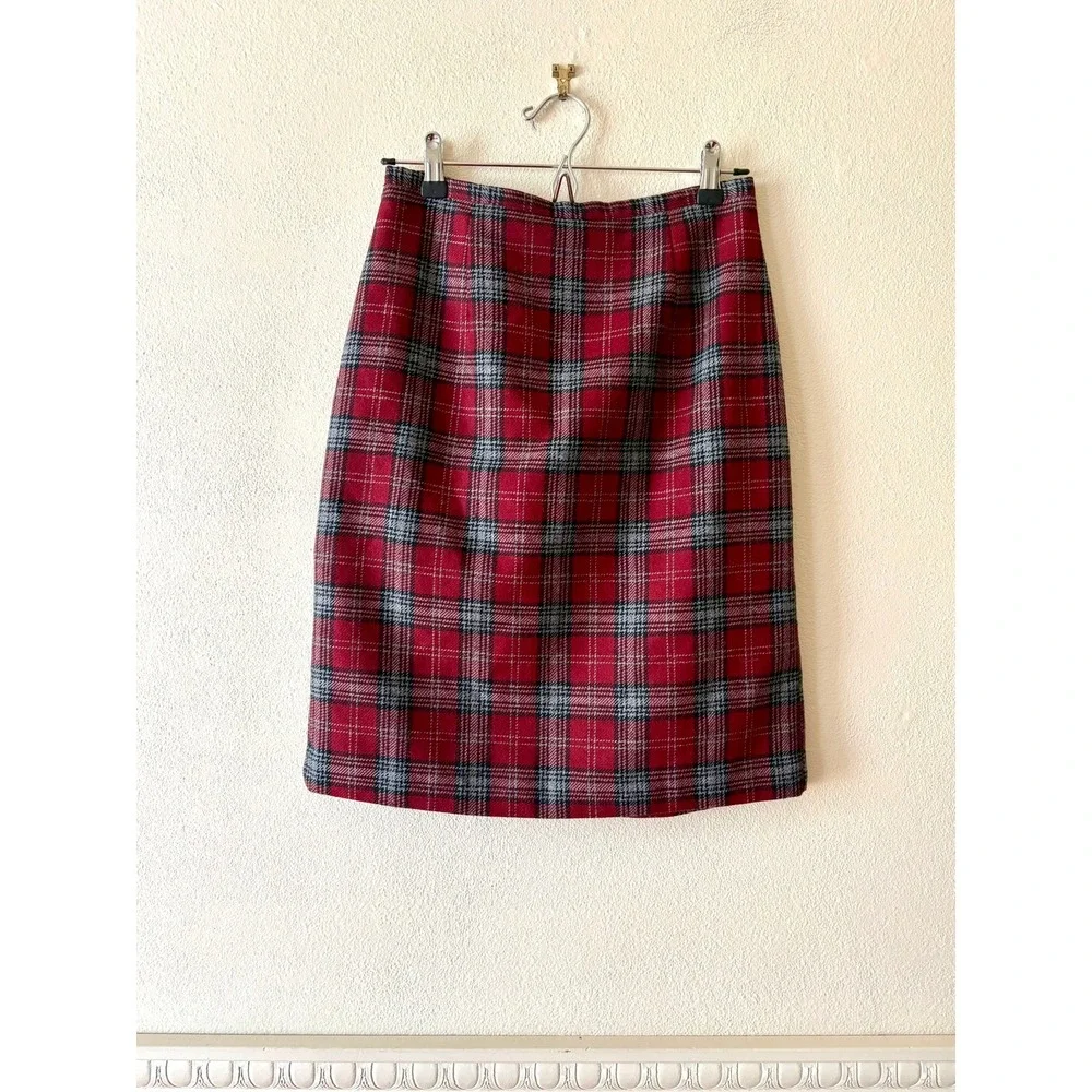 Vintage Y2K Hillard & Hanson Red Plaid Wool Blend Pencil Skirt 6 Academia Preppy